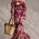 Rózsaszín Virágmintás Off-Shoulder Chiffon Maxi Ruha