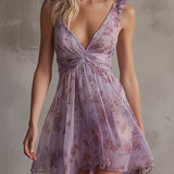 Retro Lila Virágmintás Ráncos Chiffon Mini Ruha