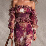 Rózsaszín Virágmintás Off-Shoulder Chiffon Maxi Ruha