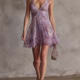 Retro Lila Virágmintás Ráncos Chiffon Mini Ruha