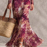 Rózsaszín Virágmintás Off-Shoulder Chiffon Maxi Ruha