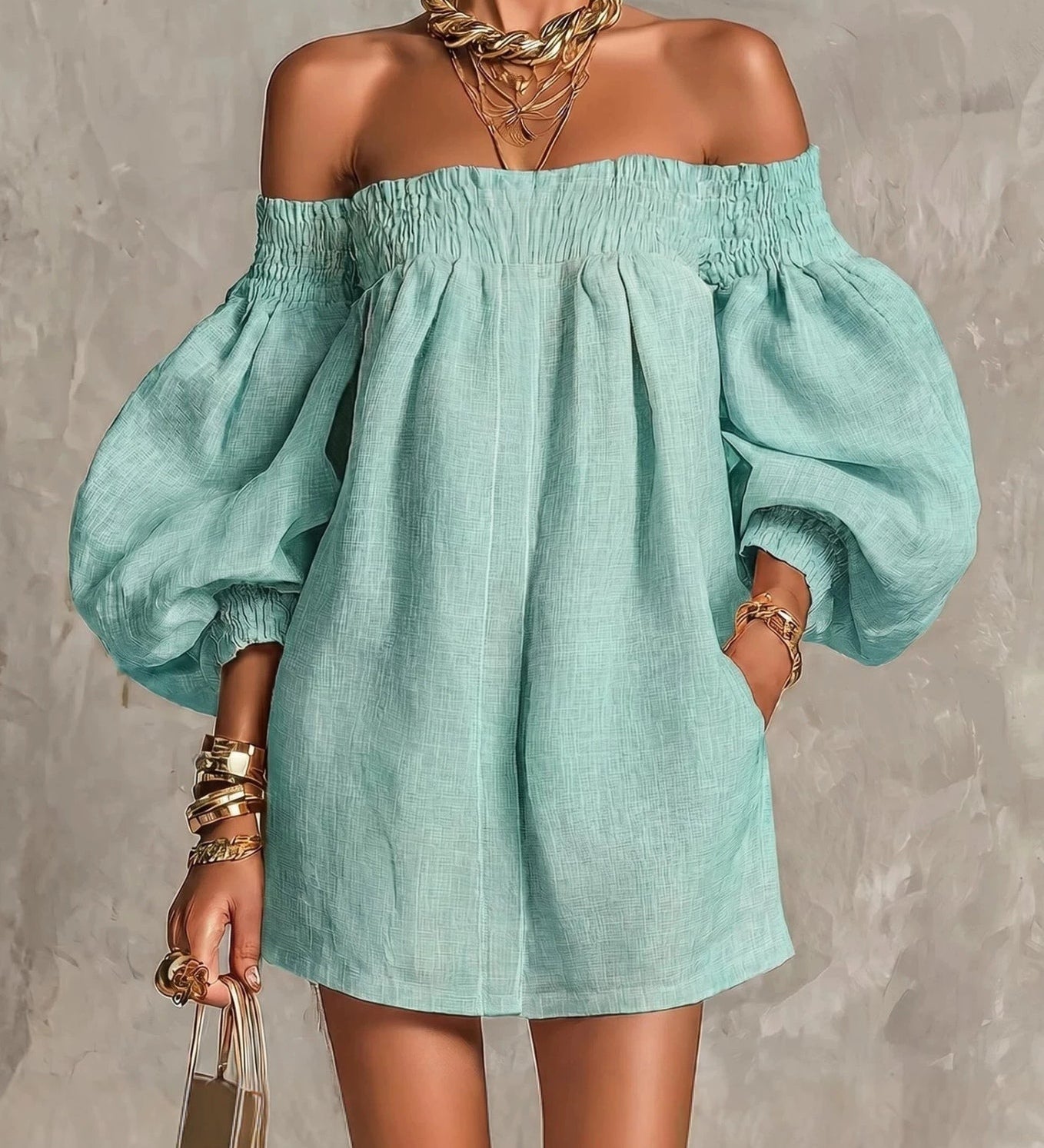 Rózsaszín Off-shoulder Lantern Ujjú A-vonalú Laza Mini Ruha