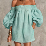 Rózsaszín Off-shoulder Lantern Ujjú A-vonalú Laza Mini Ruha