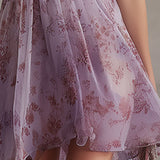 Retro Lila Virágmintás Ráncos Chiffon Mini Ruha