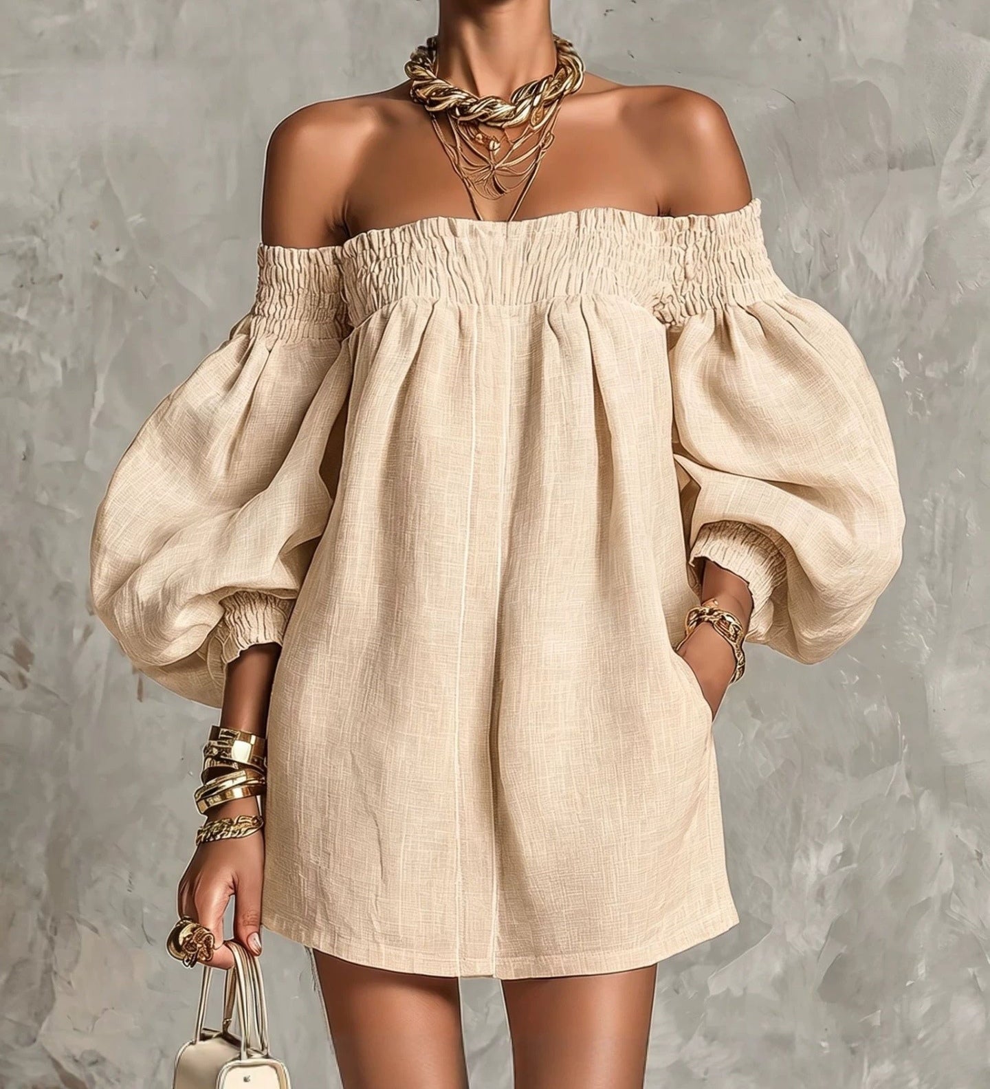 Rózsaszín Off-shoulder Lantern Ujjú A-vonalú Laza Mini Ruha