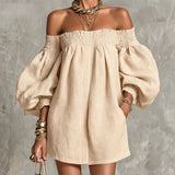 Rózsaszín Off-shoulder Lantern Ujjú A-vonalú Laza Mini Ruha