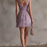 Retro Lila Virágmintás Ráncos Chiffon Mini Ruha