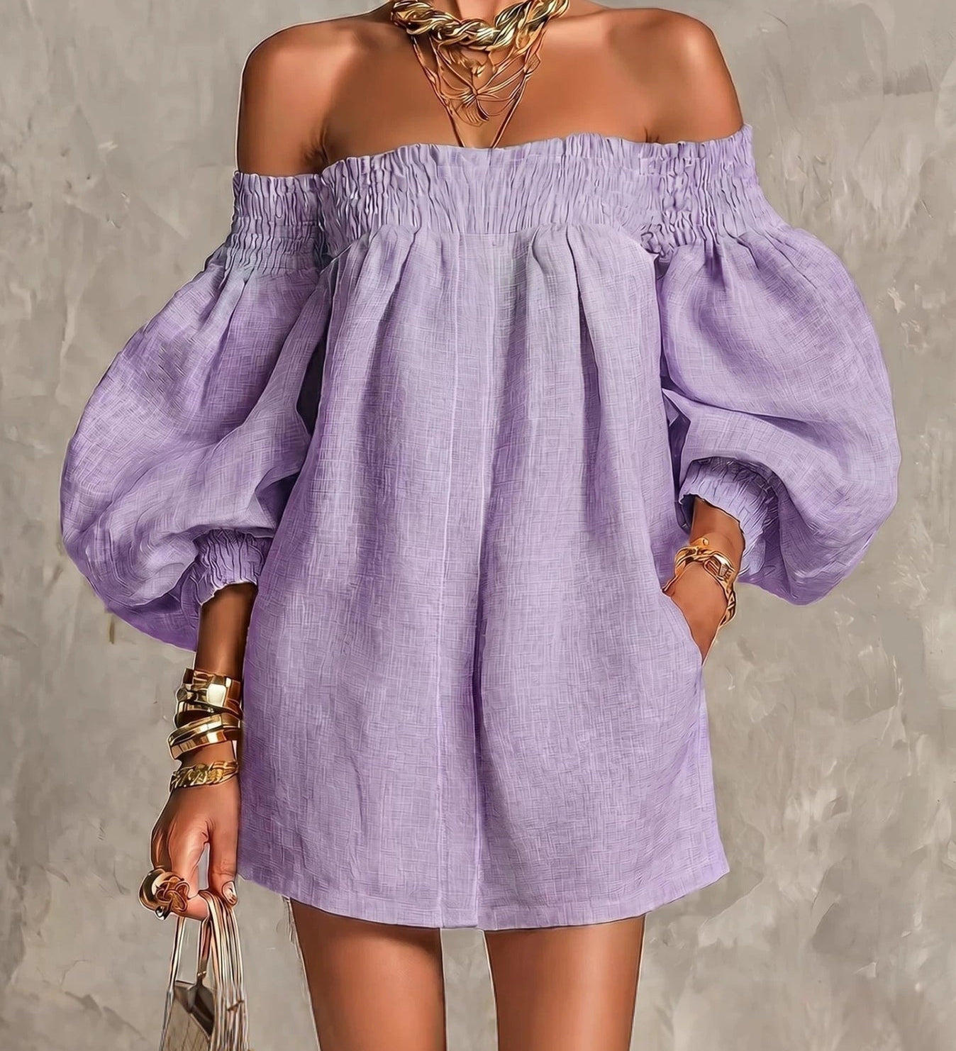 Rózsaszín Off-shoulder Lantern Ujjú A-vonalú Laza Mini Ruha