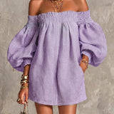 Rózsaszín Off-shoulder Lantern Ujjú A-vonalú Laza Mini Ruha