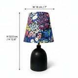Stolná lampa z keramiky a textilu s dekoratívnym umeleckým potlačou