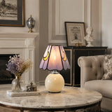 Stolná lampa z farebného skla Tiffany v tvare huby Cerys s keramickou základňou