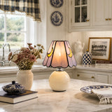 Stolná lampa z farebného skla Tiffany v tvare huby Cerys s keramickou základňou