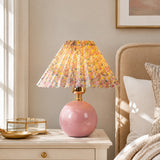 Stolná Lampa z Keramiky a Textilu s Retro Kvetinovým Motívom