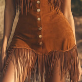 Nyugati Barna Suede Fringes Ujjatlan Mini Ruha