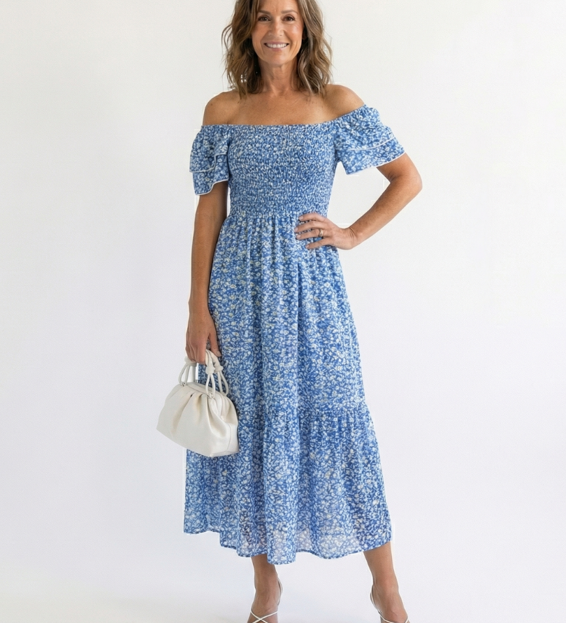 Midi Virágos Ruha Off-Shoulder Odette