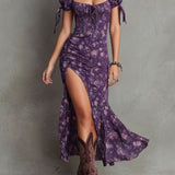 Boho Ráncolt Virágmintás Puffujjú Midi Ruha