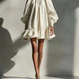 Beige Sátoros Puff Ujjú Rózsa Mini Ruha