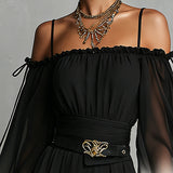 Fekete és Fehér Átmenetes Off-shoulder Átmenetes Chiffon Overál (övével)