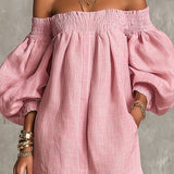 Rózsaszín Off-shoulder Lantern Ujjú A-vonalú Laza Mini Ruha