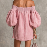 Rózsaszín Off-shoulder Lantern Ujjú A-vonalú Laza Mini Ruha