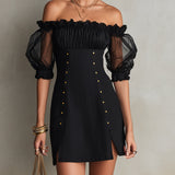 Fekete Off-Shoulder Puff Sleeve Studded Mini Ruha