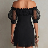 Fekete Off-Shoulder Puff Sleeve Studded Mini Ruha