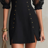 Fekete Off-Shoulder Puff Sleeve Studded Mini Ruha