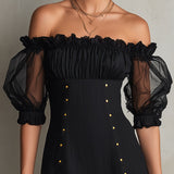 Fekete Off-Shoulder Puff Sleeve Studded Mini Ruha