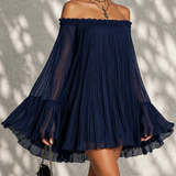 Tengerészkék Off-shoulder Ráncolt Harangujjú Mini Ruha