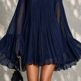 Tengerészkék Off-shoulder Ráncolt Harangujjú Mini Ruha