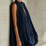 Tengerészkék Halter Nyakú Ráncos Chiffon Buborék Mini Ruha