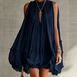 Tengerészkék Halter Nyakú Ráncos Chiffon Buborék Mini Ruha