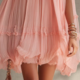 Rózsaszín Halter Nyakú Ráncos Chiffon Buborék Mini Ruha