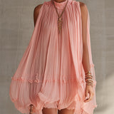Rózsaszín Halter Nyakú Ráncos Chiffon Buborék Mini Ruha