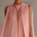 Rózsaszín Halter Nyakú Ráncos Chiffon Buborék Mini Ruha