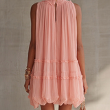 Rózsaszín Halter Nyakú Ráncos Chiffon Buborék Mini Ruha
