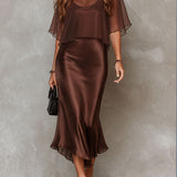 Barna Chiffon Blúz és Selyem Midi Ruha Két Részes Szett