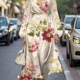Elegáns Virágmintás V-nyakú Chiffon Ráncolt Midi Ruha