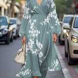 Elegáns Virágmintás V-nyakú Chiffon Ráncolt Midi Ruha