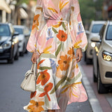 Elegáns Virágmintás V-nyakú Chiffon Ráncolt Midi Ruha