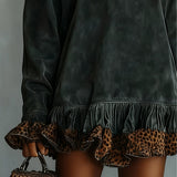 Galléros Suede Leopárd Mintás Paneles Rövidruha