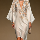 Beige Virágmintás Chiffon Kaftán Ruha Mély V Nyakú Batwing Ujjú Aszimmetrikus Szegélyű Légi Midi Ruha